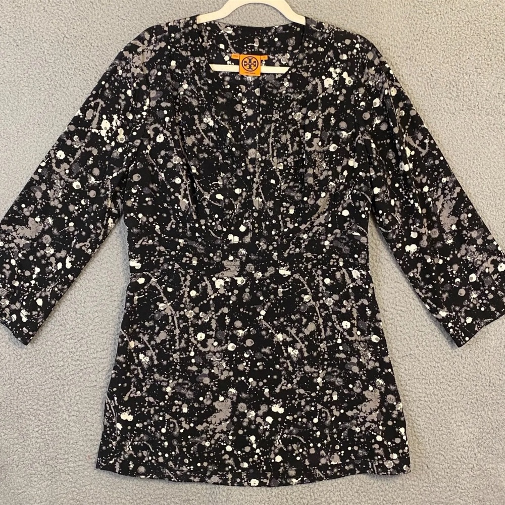 Tory Burch Womens Silk Tunic Top Size 14 Black Splatter